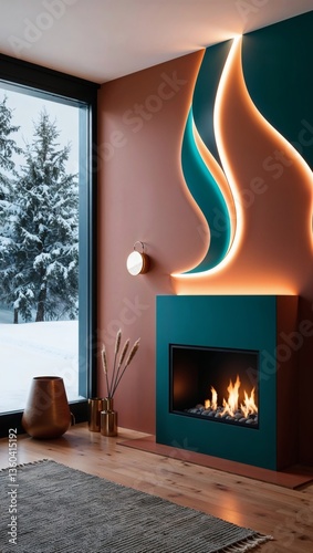 Modern cozy living room with stylish fireplace, abstract LED wall decor, and winter landscape through window
