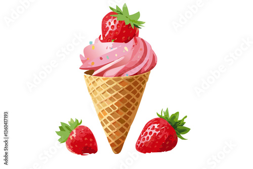Cucurucho de helado de fresa, fondo blanco, realista, estilo 4k
