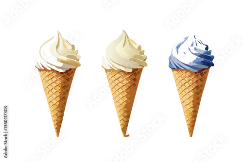 Cucuruchos de helados de diferentes sabores,  fondo blanco, realista, estilo 4k
