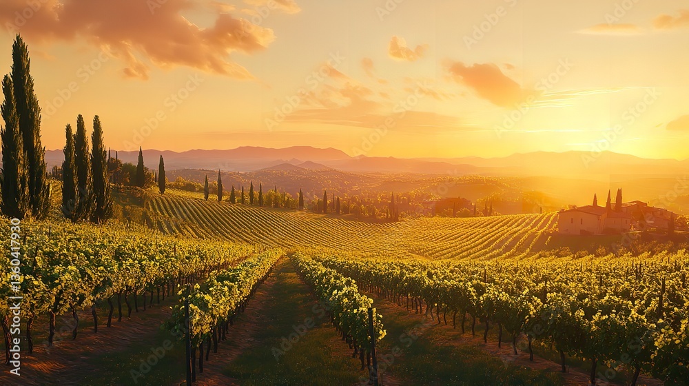 Fototapeta premium A scenic view of a vineyard at sunrise, with rows of grapevines stretching into the distance