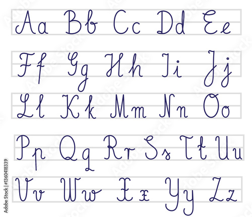 Cursive handwriting alphabet chart with uppercase and lowercase letters on lined guides. Perfect for educational materials, handwriting practice sheets, teaching resources, and school posters.