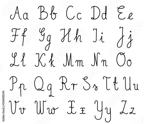 Cursive handwriting alphabet chart with uppercase and lowercase letters on lined guides. Perfect for educational materials, handwriting practice sheets, teaching resources, and school posters.