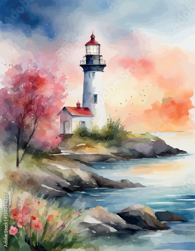 Lighthouse on the seashore at sunset, watercolour. Vector illustration.