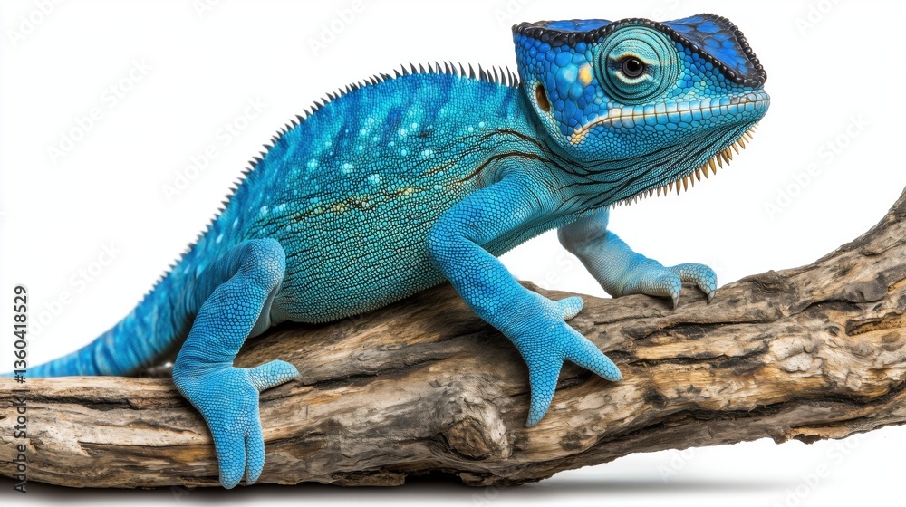 Fototapeta premium Vibrant blue lizard climbing on a branch in a well-lit environment showcasing its detailed scales and colors