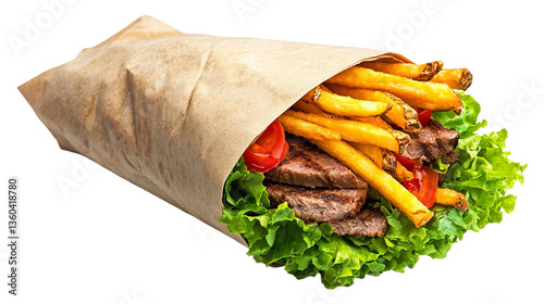 Delicious Gourmet Beef Wrap with Crispy Fries and Fresh Vegetables