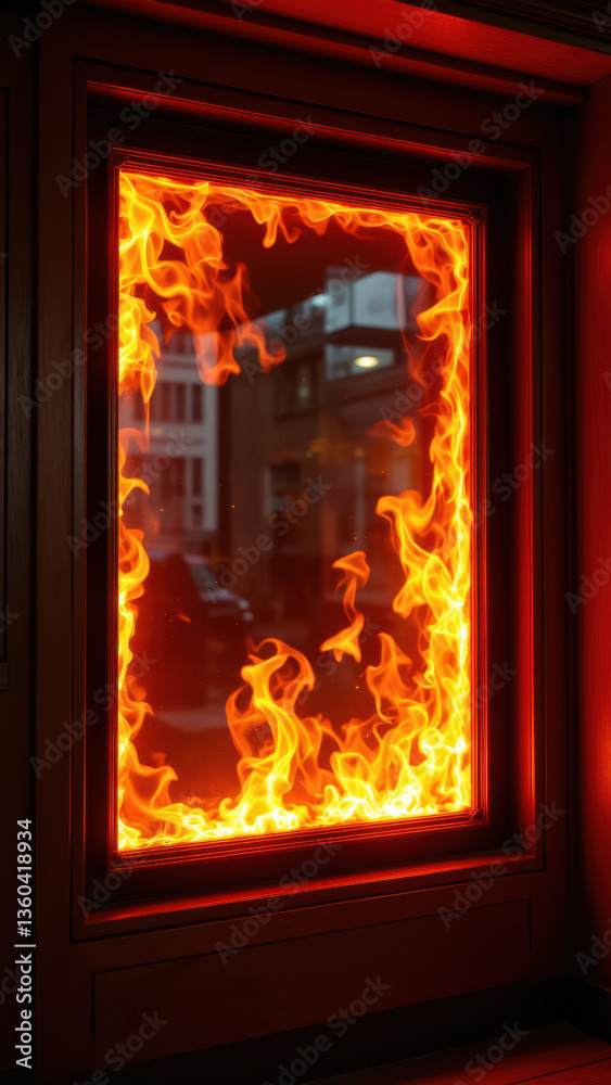 Fototapeta premium Watchful observation of a wildfire through an apartment window.