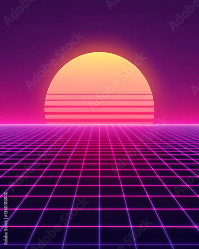 Retro futuristic sunset with vibrant neon grid and majestic skyline