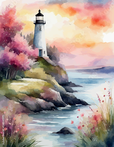 Lighthouse on the seashore at sunset, watercolour. Vector illustration.