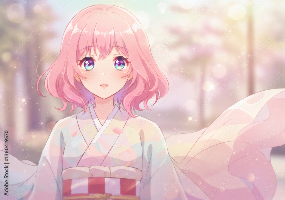 Portrait of a Young Woman in Pink Kimono with Blue Eyes Portrait of a Young Woman in Pink Kimono with Blue Eyes