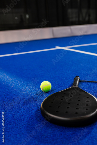 Padel racket and ball on blue court ready for exciting match