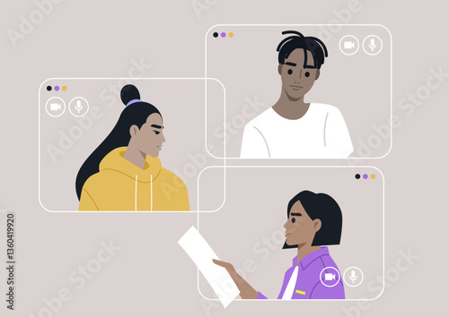 Three distinct window frames showcase participants in a virtual gathering, each engaged in thoughtful discussion and interaction, fostering a sense of community online
