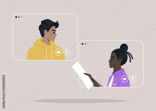 Two individuals are actively communicating on a digital platform, one preparing notes while attentively listening to the other, highlighting remote collaboration and teamwork