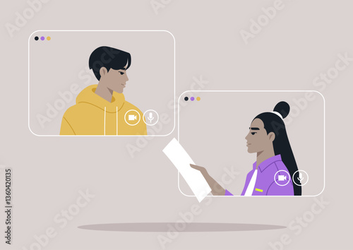 Two individuals are actively communicating on a digital platform, one preparing notes while attentively listening to the other, highlighting remote collaboration and teamwork