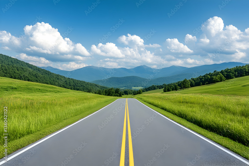Fototapeta premium Scenic highway vanishing point amidst verdant fields and distant mountains under a vibrant blue sky