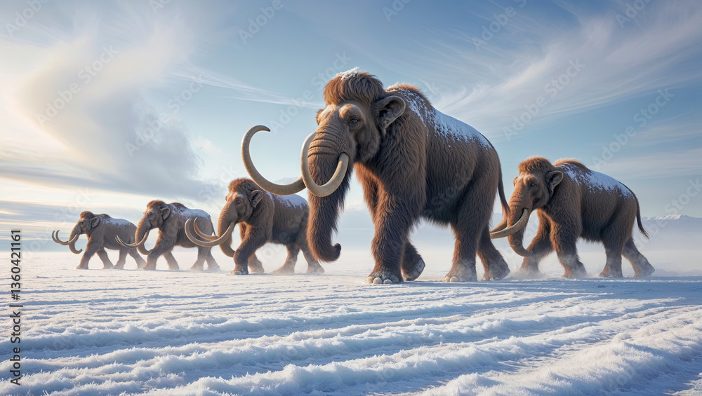 Herd of woolly mammoths traversing snowy terrain, surrounded by a stunning sunset that casts a warm glow over the picturesque prehistoric landscape, evokes a sense of ancient wilderness