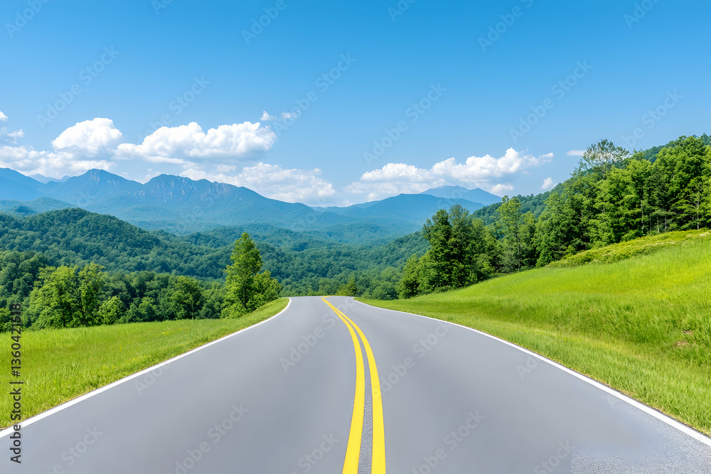 Fototapeta premium Scenic mountain road journey, winding asphalt path through lush green hills under a vibrant blue sky