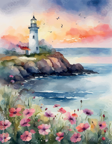 Lighthouse on the seashore at sunset, watercolour. Vector illustration.