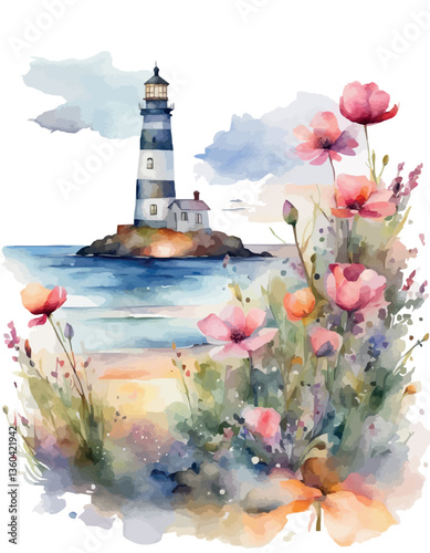 Lighthouse on the seashore at sunset, watercolour. Vector illustration.