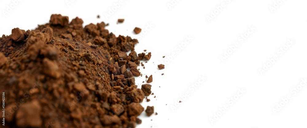 Close-up view of rich, dark brown soil isolated on pure white background, earth, nature, subsoil Close-up view of rich, dark brown soil isolated on pure white background, earth, nature, subsoil