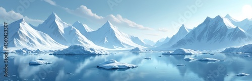 Wallpaper Mural Illustration of arctic landscape. Icebergs float frigid waters, snow-capped mountains stand in distance. Remote nature, serene seascape. Climate change, global warming, glacial melt concept, Torontodigital.ca