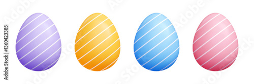 Diagonal striped 3D Easter eggs set - pastel purple, yellow, blue, red oval shapes with white slanted lines pattern. Colorful glossy spring holiday ornaments for greeting card, invitation design.