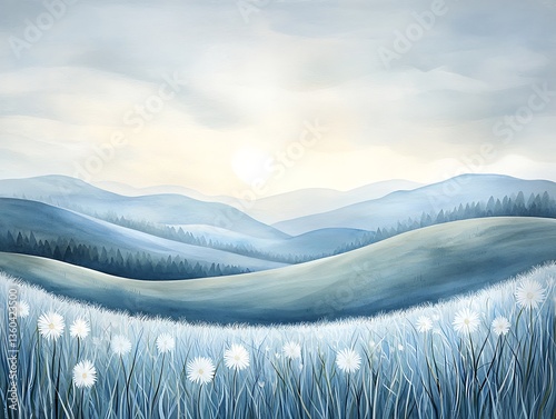 Serene Blue Mountain Meadow Dawn.