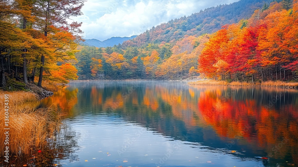A serene lake surrounded by autumn foliage, reflecting vibrant colors. A serene lake surrounded by autumn foliage, reflecting vibrant colors.