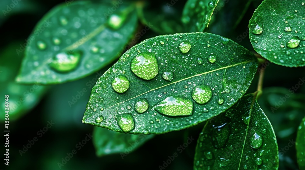 Close-up of dew drops on fresh green leaves, capturing morning freshness Close-up of dew drops on fresh green leaves, capturing morning freshness