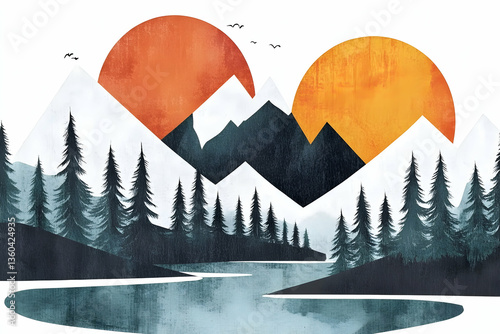 Abstract landscape with mountains and sun illustration