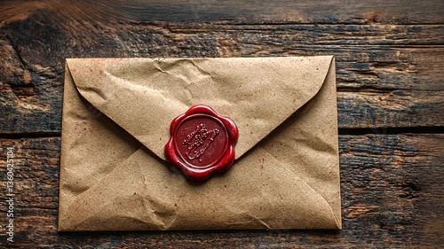 Vintage letter sealed with red wax on rustic wooden table. Possible use Historical, vintage, or antique theme