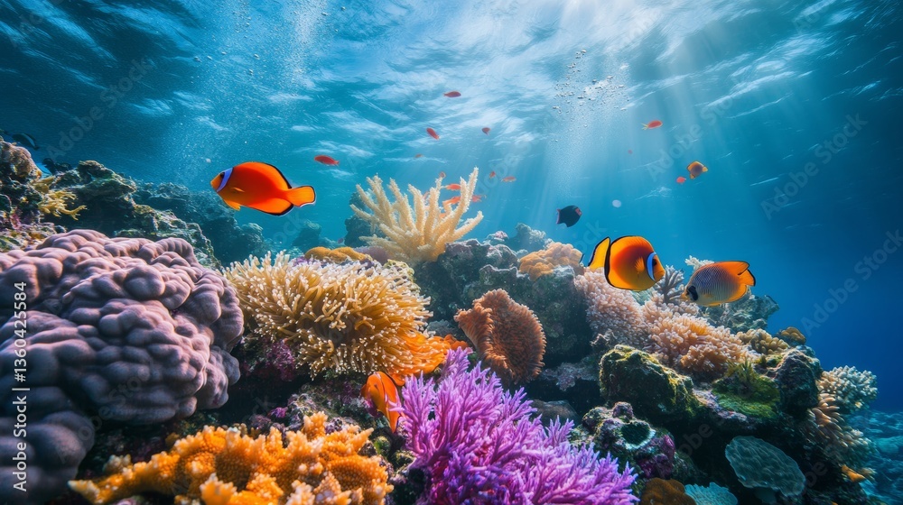 Obraz premium A vibrant coral reef teeming with diverse marine life, promoting environmental awareness. 