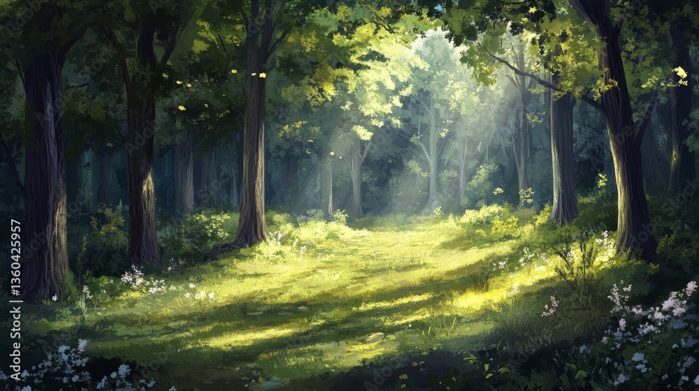 Obraz premium A secluded forest glade with sunlight filtering through the trees, casting shadows on the ground. 
