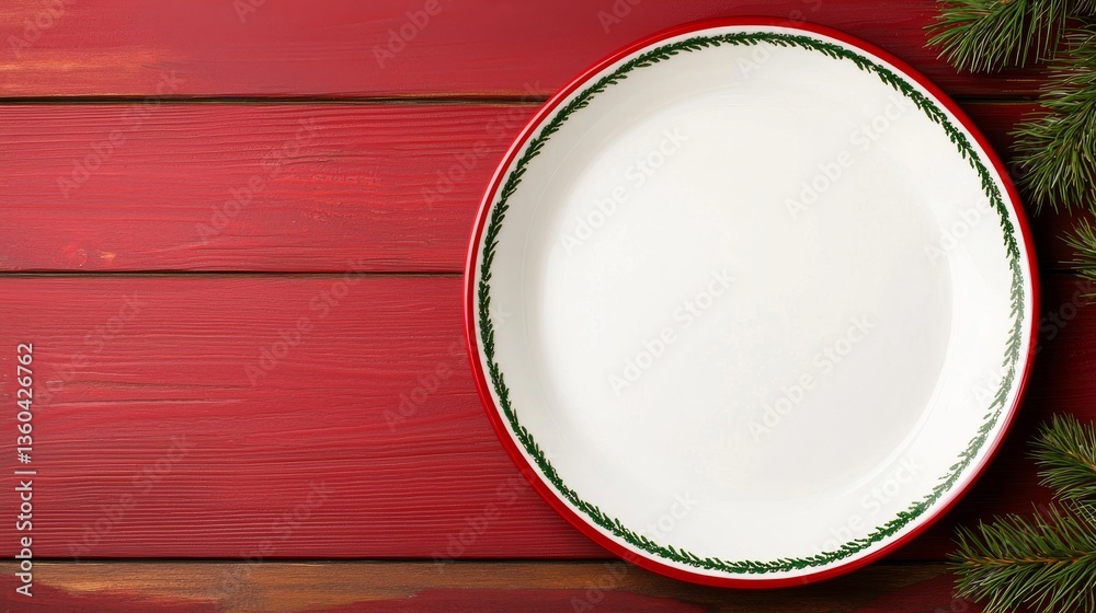 Fototapeta premium Empty Festive Plate on Red Wooden Background