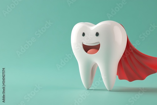 Superhero tooth protecting oral health with red cape smiling on turquoise background