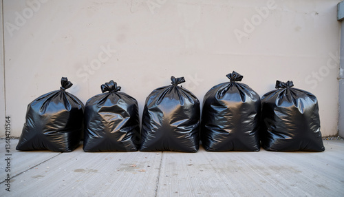 Neatly lined black trash bags against white wall representing organized junkyard waste collection