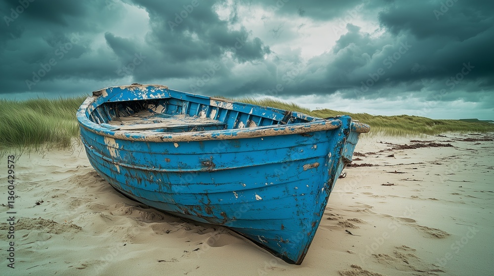 Fototapeta premium Decrepit blue boat with flaking paint, stranded on a sandy beach under stormy skies