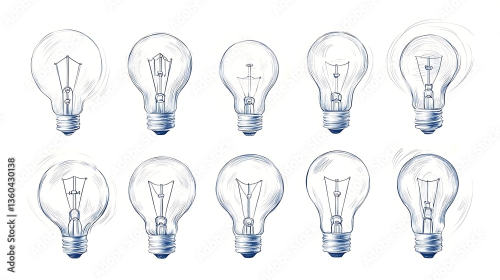 Sketch Light Bulbs for Idea Collection, White Background. Sketch Light Bulbs for Idea Collection, White Background.