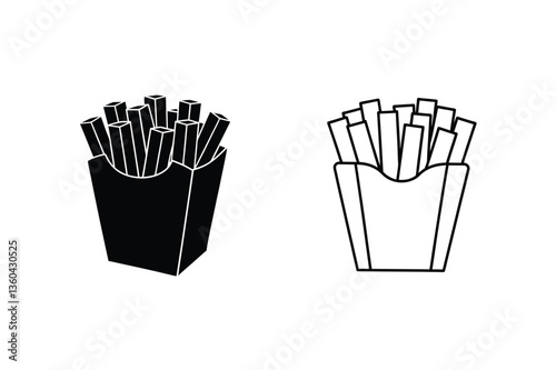 French Fries Icons Black, White, Fast Food, Outline, Graphic