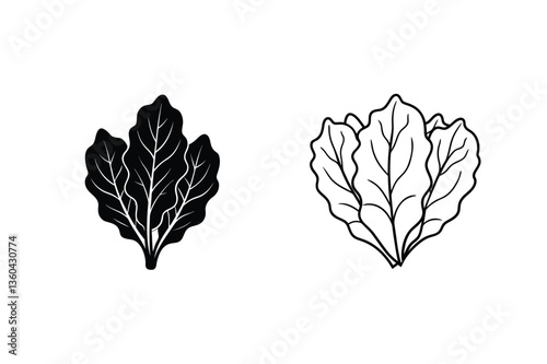 Spinach Leaf Illustrations Black, White, Line Art, Vegetable Graphics