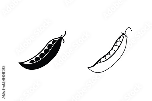 Simple Black and White Pea Pod Illustrations, Vector Icons