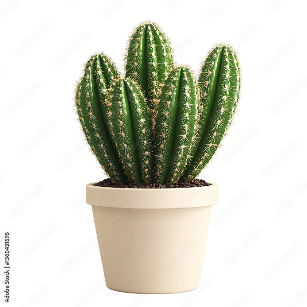 Fresh green cactus in a beige pot - modern home decor, isolated on a white transparent background Fresh green cactus in a beige pot - modern home decor, isolated on a white transparent background
