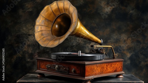 Old-Fashioned Gramophone with Brass Horn, Detailed Image
