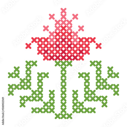 Cross-stitch pattern of a flower with red petals and green stems