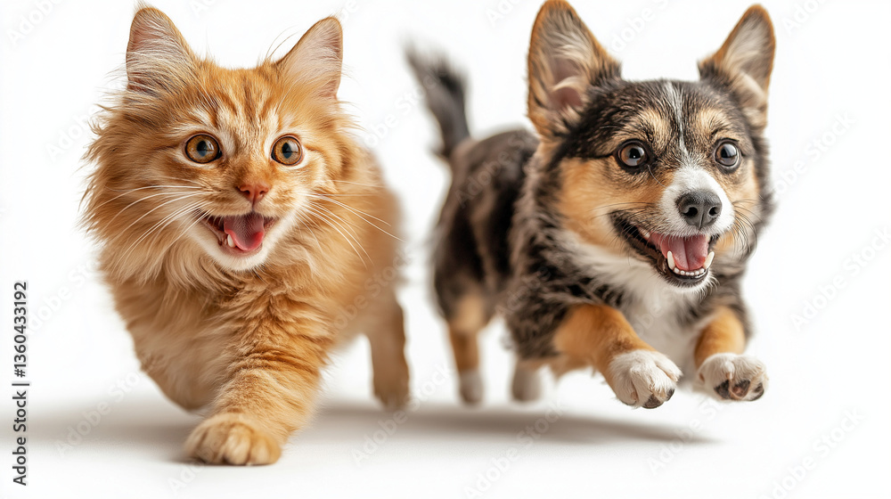 Obraz premium Adventurous moments of a playful cat and dog joyfully racing through a sunny garden filled with vibrant flowers and lush greenery