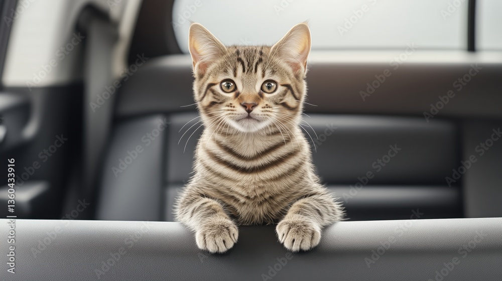 Playful kitten exploring the backseat of a car during a sunny afternoon adventure with curious expressions Playful kitten exploring the backseat of a car during a sunny afternoon adventure with curious expressions