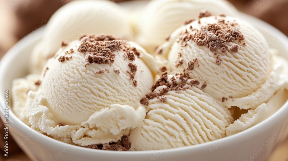 Creamy vanilla ice cream with chocolate sprinkles served in a bowl on a wooden table Creamy vanilla ice cream with chocolate sprinkles served in a bowl on a wooden table