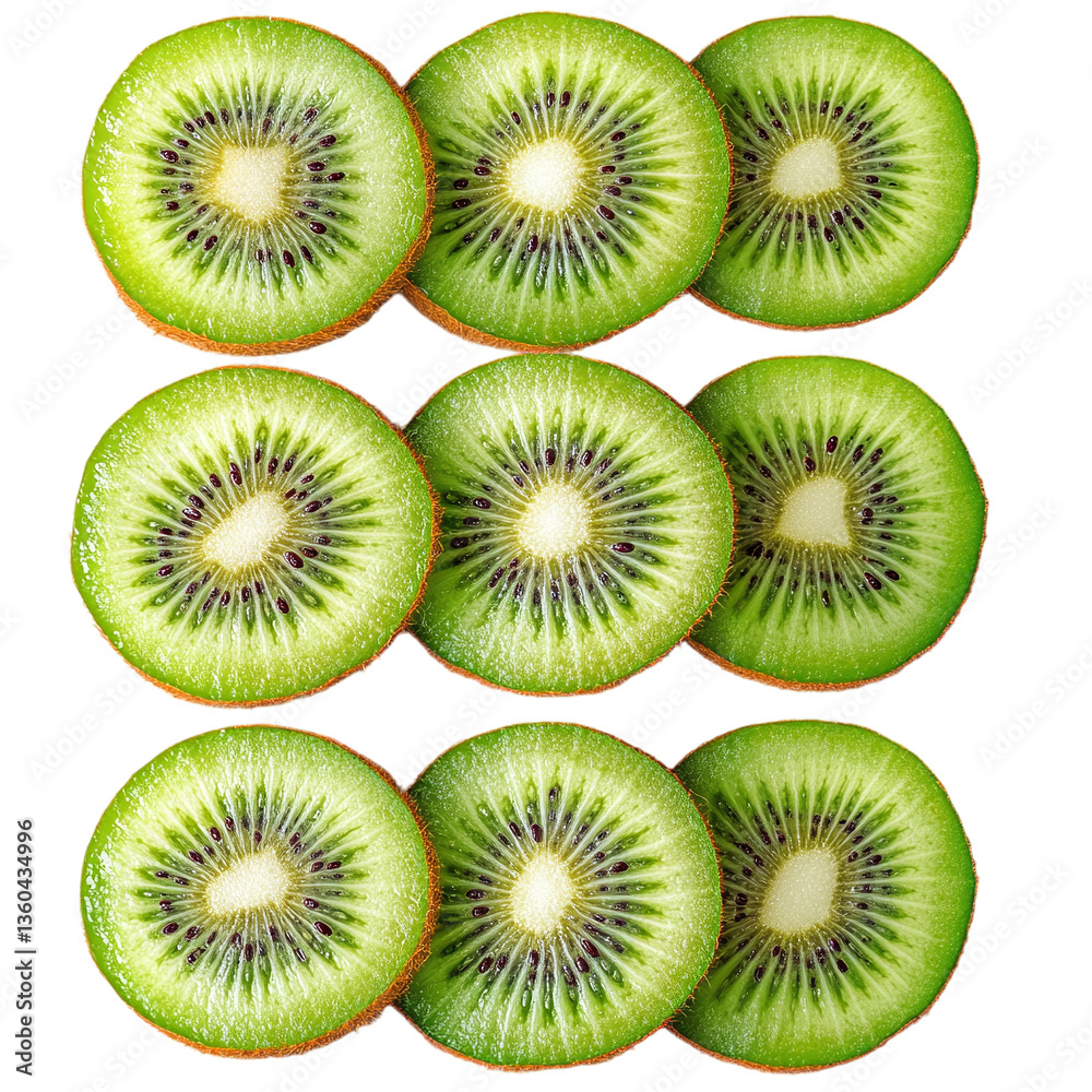 Fresh kiwifruit slices arranged in a neat row, isolated on a transparent background Fresh kiwifruit slices arranged in a neat row, isolated on a transparent background
