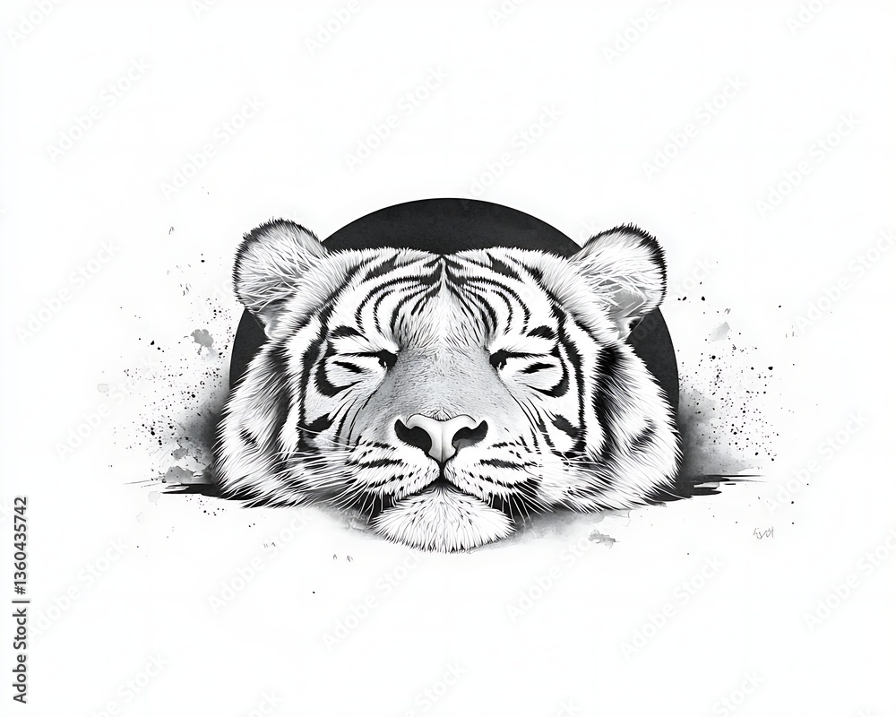 Obraz premium Serene Tiger for Ink Sketch, White Background.
