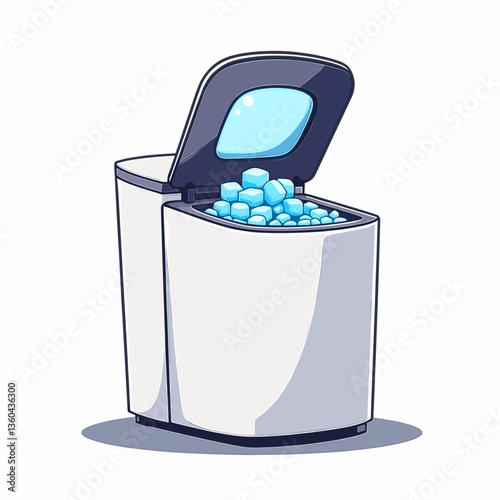 Stylish ice maker with ice cubes against white background, modern appliance