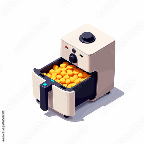 3D flat vector deep fryer with golden balls, culinary innovation